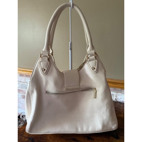 Cream Faux Leather Handbag With Gold Chain & Lock Detail Zipper Pocket Top Handl - Picture 5 of 13